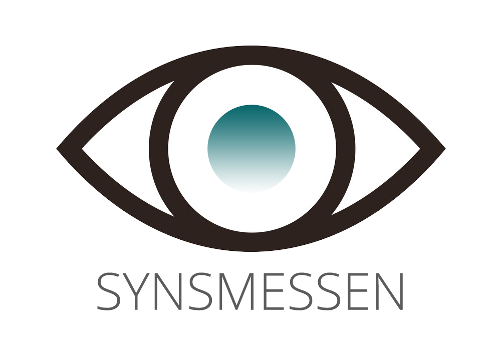 Synsmessen logo med en hvid baggrund som illustrerer et aflangt øje med en blålig pupil der farvemæssigt graduerer som en solopgang, med teksten SYNSMESSEN neden under.